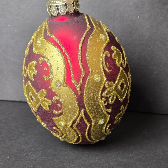 Frontgate Burgundy Gold Glass Christmas Ornament 5" Glitter Scroll Jeweled Egg - Picture 2 of 8